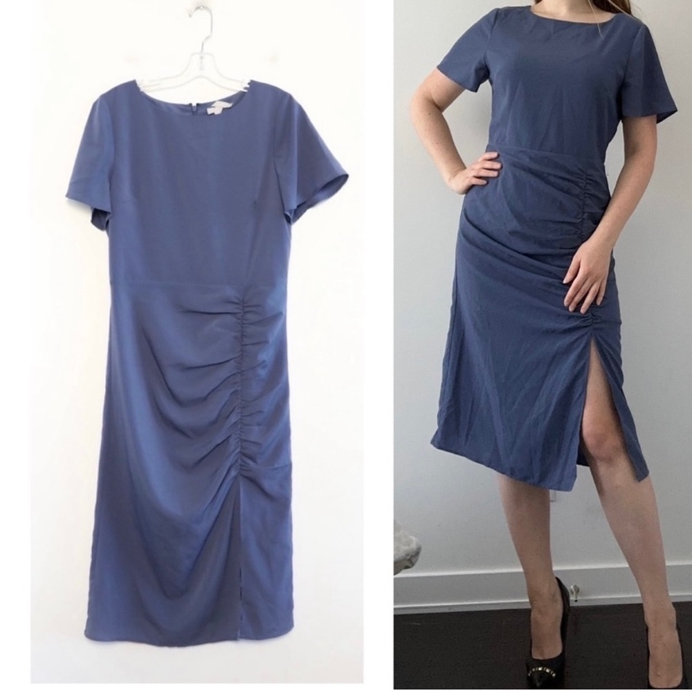 Chelsea 28 Nordstrom dusty blue dress ruched side medium new NWOT business work